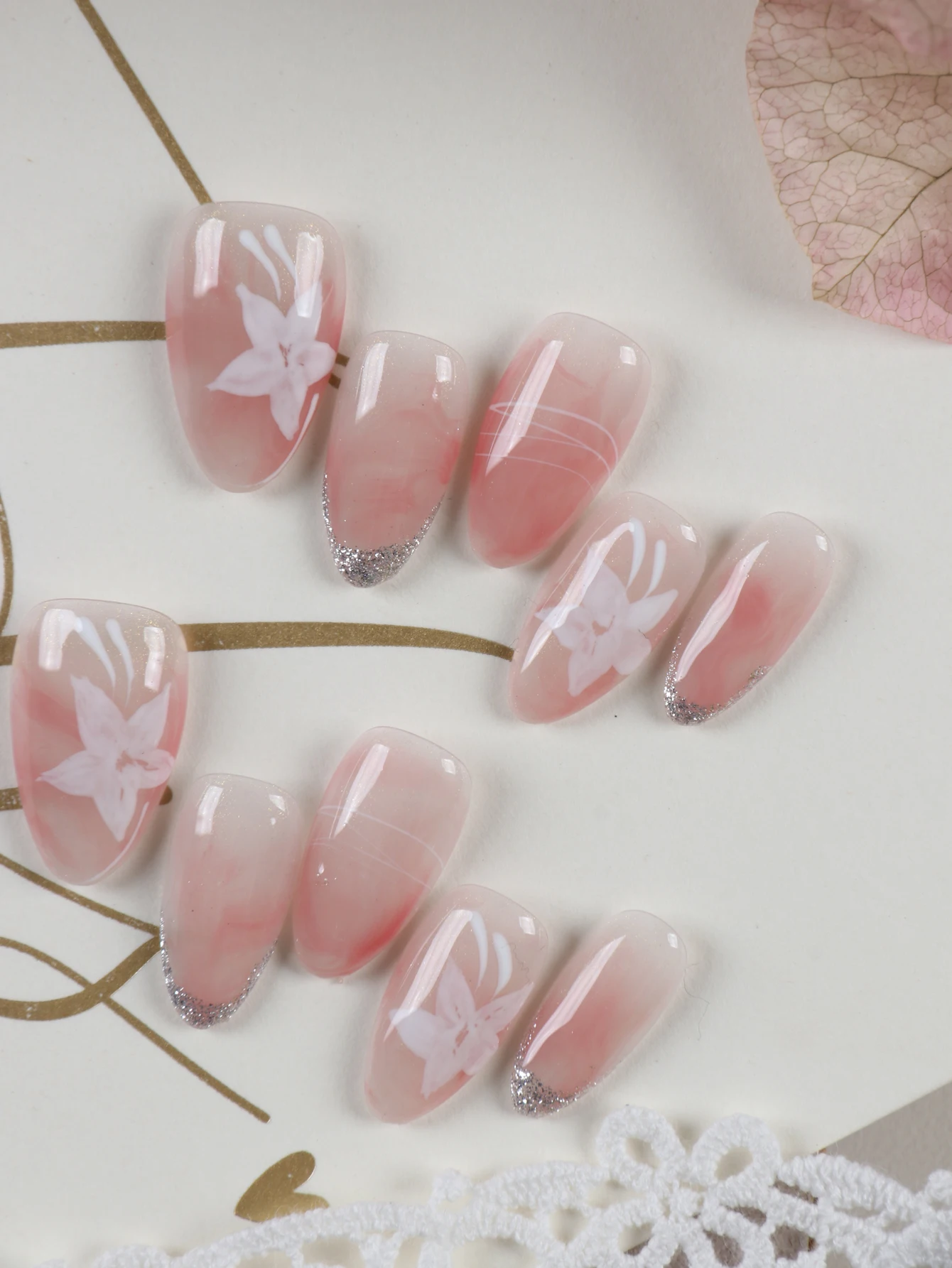 Nail Art Pink - 10 قطع من الأظافر الاصطناعية القصيرة