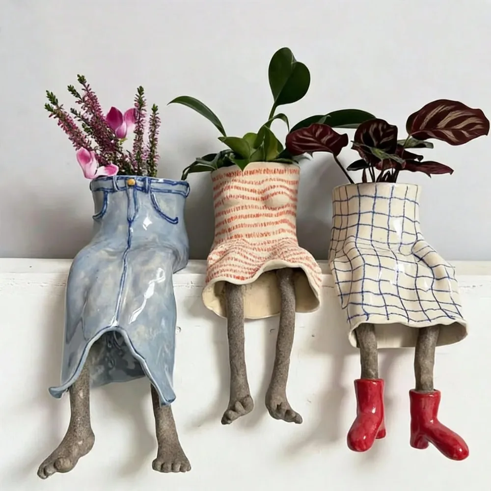 Fun Hanging Leg Ceramic Flower Pot, Cute Clothes-shaped Flower Pot, A Unique Gift for Plant Lovers, Home Shelf Decoration