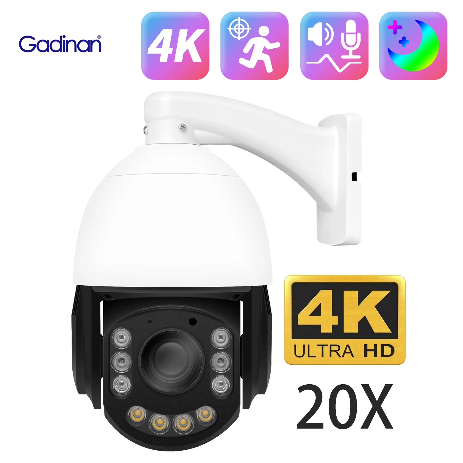 Gadinan 4K HD 20X Optical Zoom  Outdoor PTZ IP Camera Color Night Vision SONY IMX415 Sensor Video Surveillance Automatic Trackin