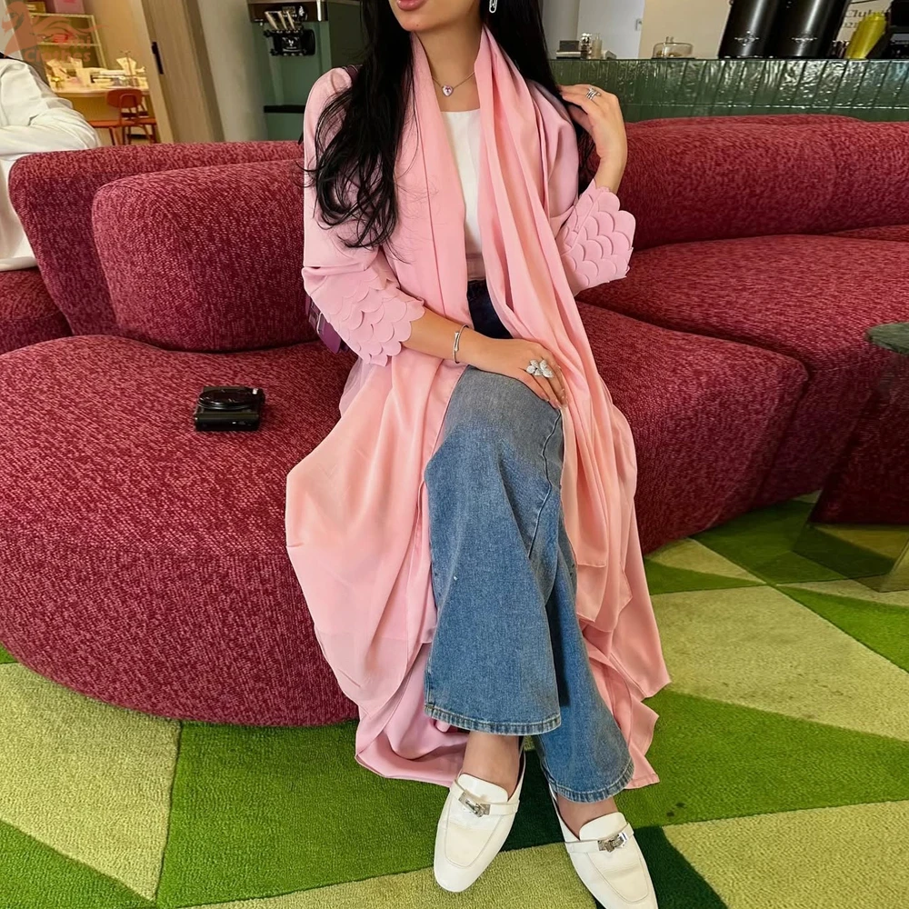 Uni Ramadan Dubai Rosa Chiffon Offene Abaya mit Hijab inklusive lockerer Ärmel muslimischer Strickjacke Marokkanischer Kaftan für Frauen