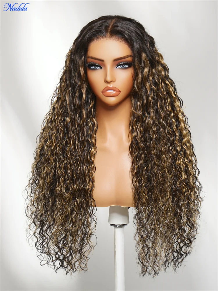Nadula Balayage Brown Water Wave HD Lace Human Hair Wig 7X5 Bye Bye Knots Glueless Wigs with Invisi Drawstring Pre Cut Transparent Lace Pre Plucked Elastic Wig Cap for All Heads Size Density 180%
