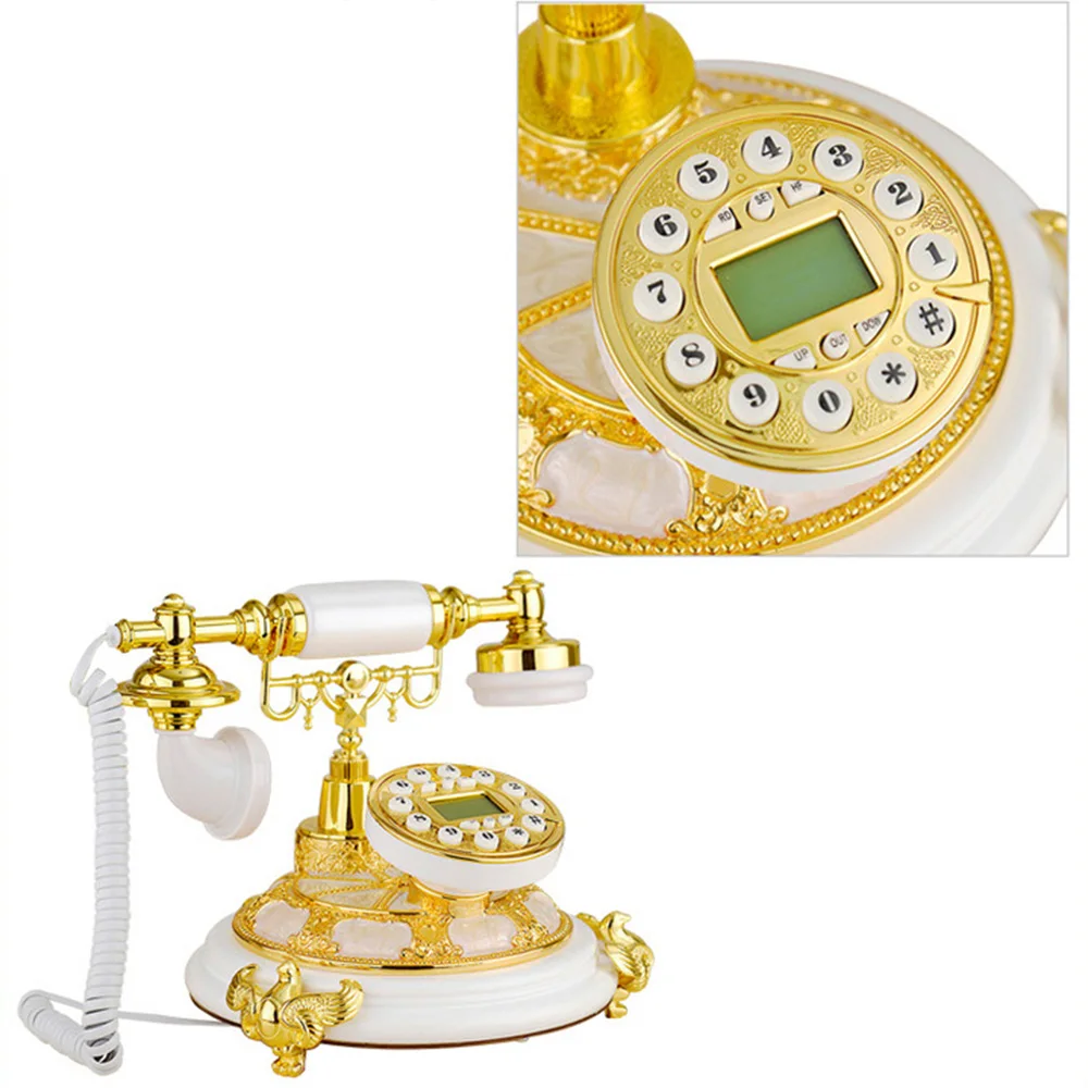 هاتف مكتب ريترو أبيض وذهبي - راتينج + معدن (متين) بدون استخدام اليدين/إعادة الاتصال/تسجيل المكالمات، حجم صغير مثالي لديكور المكاتب المنزلية