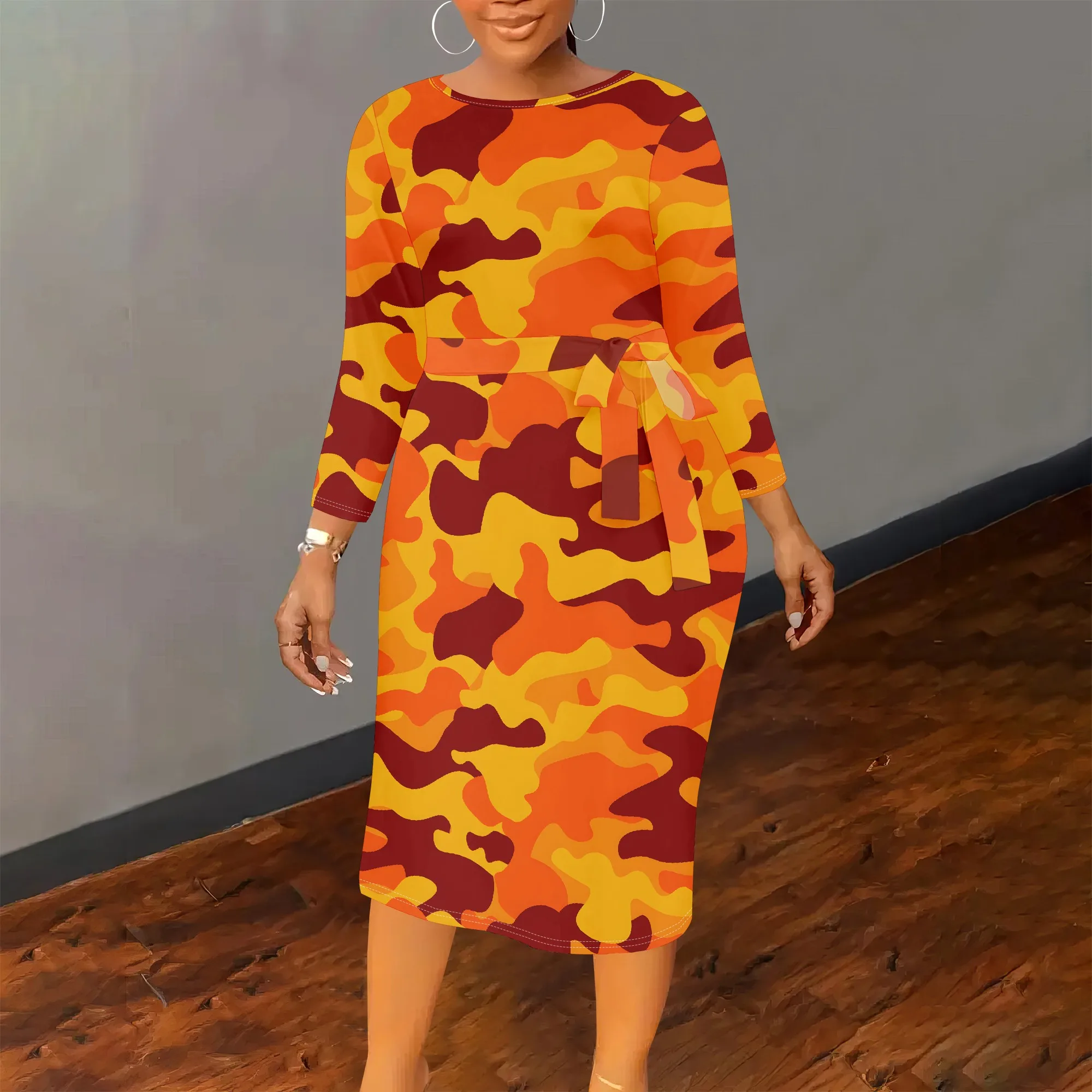 

Женское летнее камуфляжное платье больших размеров с цветочным принтом, осеннее модное камуфляжное платье с длинными рукавами и круглым вырезом с принтом и поясом