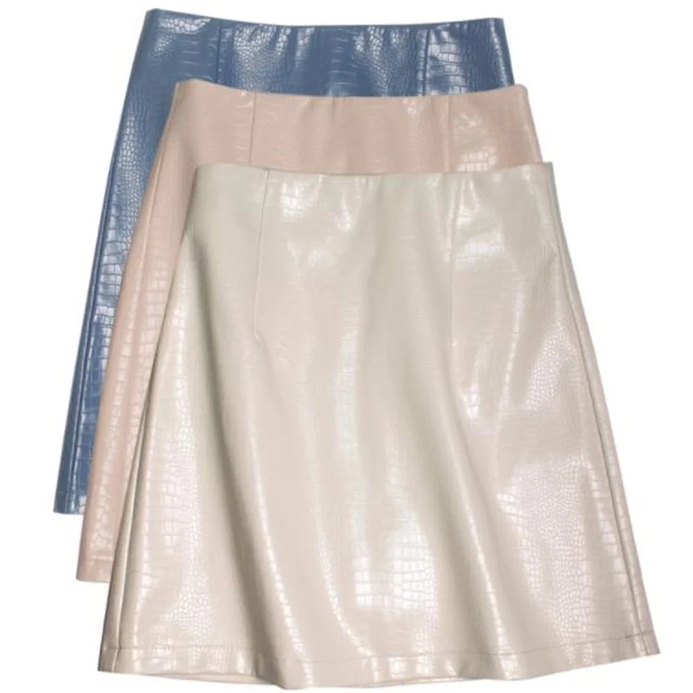 Leather skirt new high waist  bright pu leather skirt  short crocodile pattern A-line casual skirt women