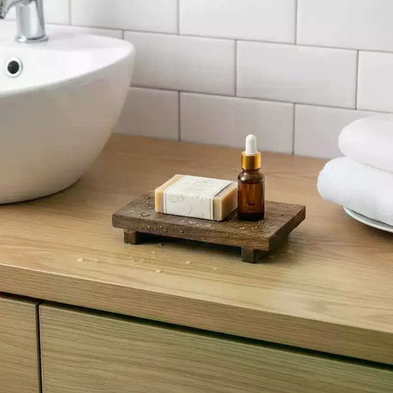 Wood Tray Pedestal Stand Solid Wood Bathroom Tray for Soap and Scented Candle Visual Display Rustic Housewarming Gift
