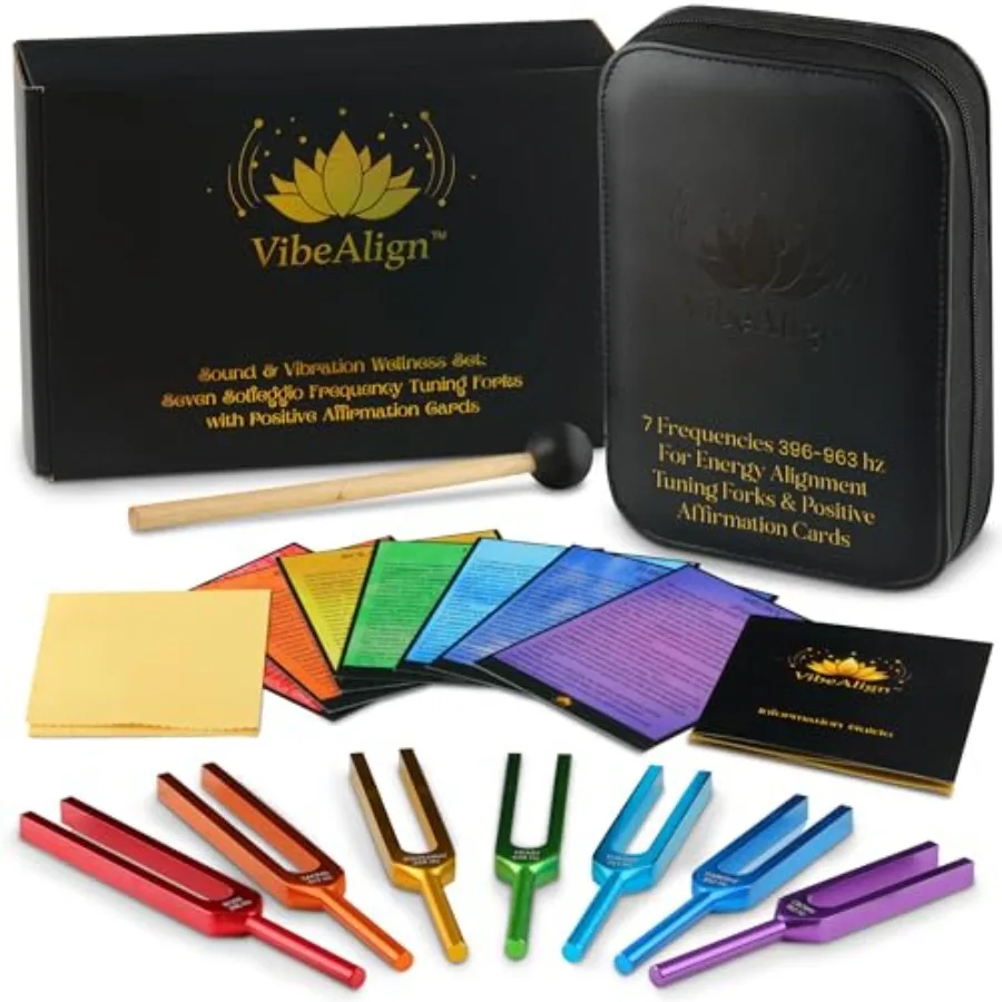 

Tuning Forks Set- Sound Healing Vibration and Frequency Wellness with Positive Affirmation Cards. 7 Piece Solfeggio Frequency C