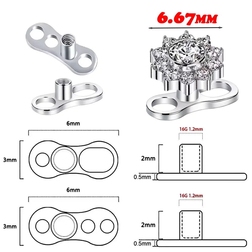 1/5 Stück ASTM F136 Titanlegierung Zirkonia Sonnenblume Subkutane Anker Ohrstecker Modischer versteckter Schlüsselbein Mikro-Piercing-Schmuck – Detail 2