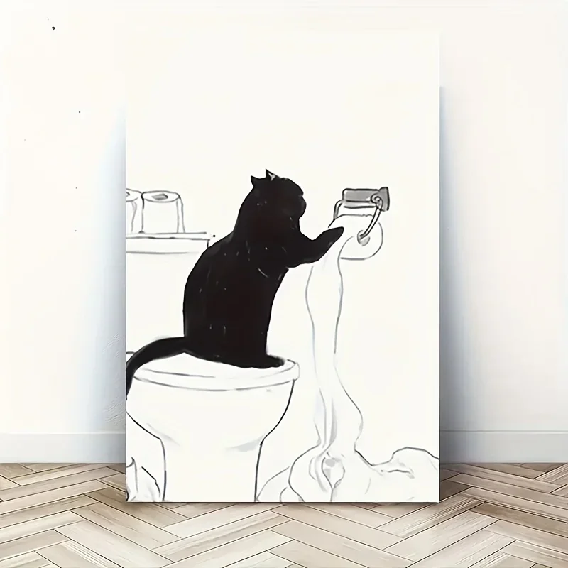 Frameless Canvas Painting No Framed Canvas Poster, Cartoon Art, Black Cat Standing On The Toilet To Take Paper Towels,, Ideal Gi