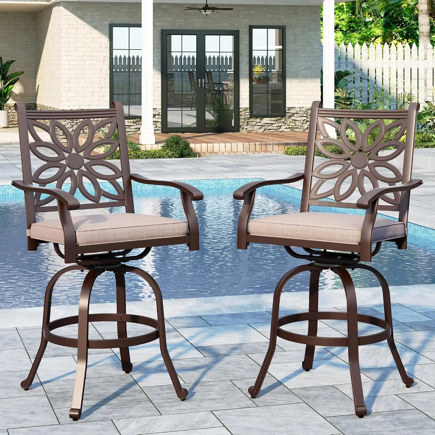 Aluminum Swivel Bar Stools 2pcs High Top Beige Cushion Back Armrest Footrest Retro Pattern Counter Height Patio Deck, Customized