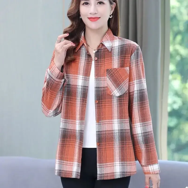 Office Lady Work Commute Top Lattice Print Blouses Casual Shirts Tops Women\'s New Spring Autumn Lapel Chic Cardigan Shirt Female