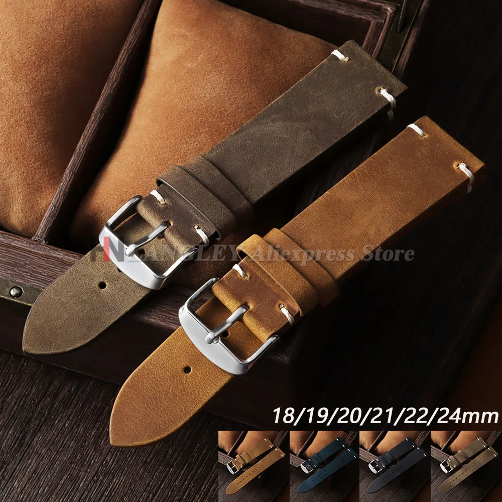 Vintage Oil Wax Watch Band Handmade Stitching Cowhide Strap for Seiko for Omega Smartwatch Wristband 18mm19mm20mm 21mm 22mm 24mm