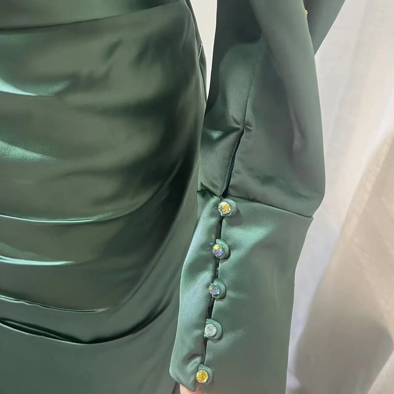 Green New Custom One-shoulder Luxury Handmade Beading With Pleated  Women Wrap Dresses Sexy Satin Evening Dresses