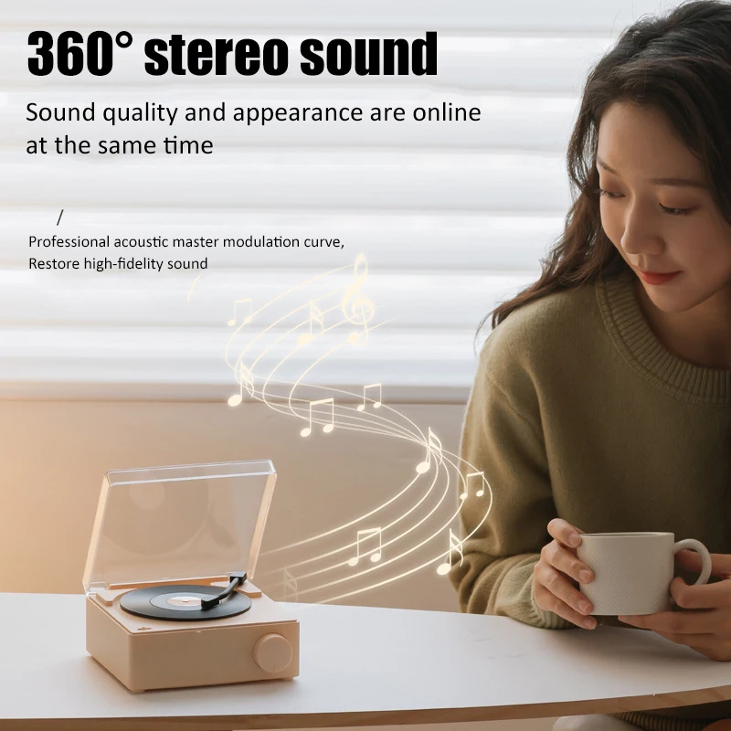 Retro Wireless Speaker Bluetooth 5.0 Stereo Music Player Desktop Alarm Clock Vintage Vinyl Record Shape Support TF Card/AUX Play