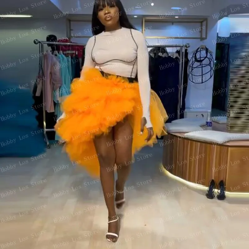 Special Orange Color Asymmetrical Tulle Skirts 2023 Elastic Waistband Sexy Ruffles Tiered Tulle Skirt Women Tutu Bottom Customiz