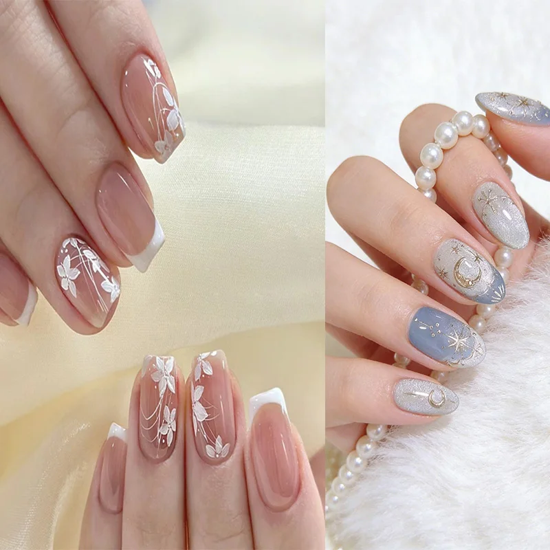 24 szt. Krótkie Kwadratowe Sztuczne Paznokcie z Białym Brzegiem, Francuski Wzór Kwiatowy, Naklejane Paznokcie z Cyrkoniami, Wielokrotnego Użytku na Walentynki