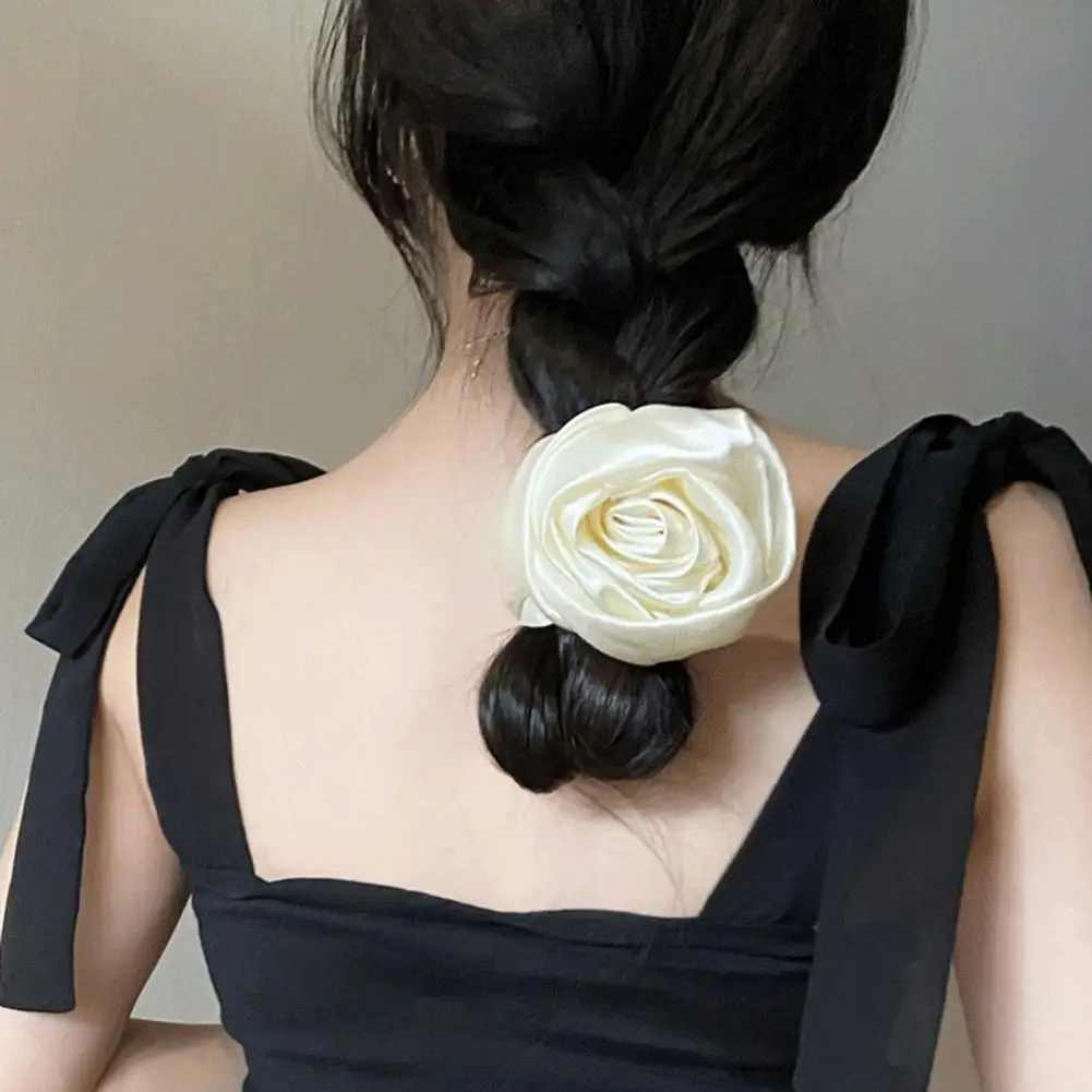 Hair Ring Accessory Elegant Satin Rose Hair Rings for Stylish Women 3d Flower Decor Elastic Bands for Scalp-friendly Hair