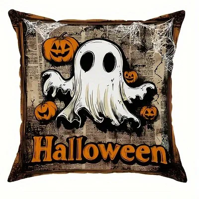 ديكور ديل هوغار: Funda de cojín con patron de linterna de calabaza y gato espeluznante de Halloween، Adekara para sofá