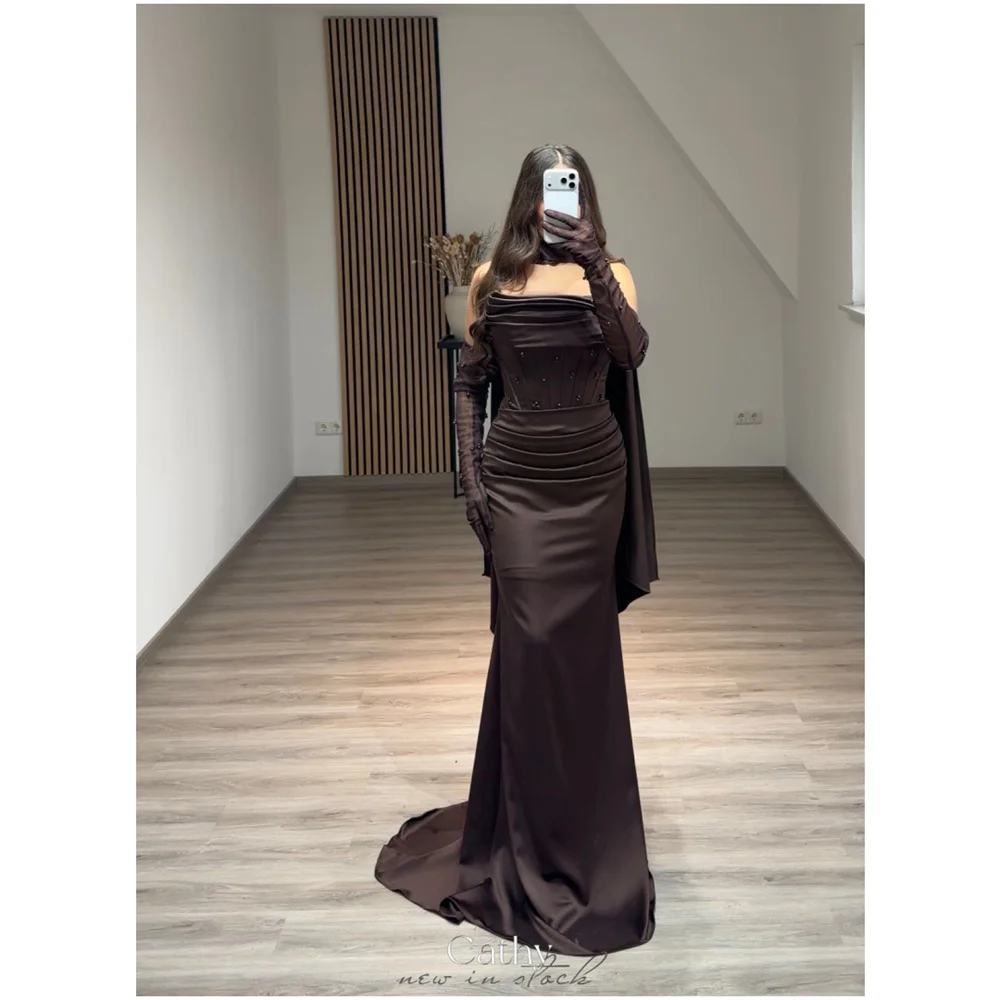 

Cathy Customized Dark Brown Pleated Prom Dress Elegant Mermaid vestidos de noiva Floor-length Zip Back Evening Dresses 2025