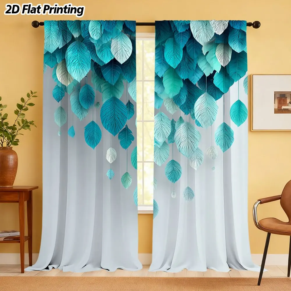 Fresh blue pattern with hanging leaves Print Drapes Room Darkening Window Curtains for Home Decor,Rod Pocket Blackout Curtains