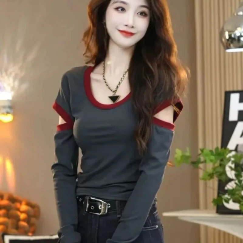 Contrast Patchwork Hollow Out T Shirts Spring Autumn New Long Sleeve Slim All-match Casual Tops Vintage Fashion Women Clothing