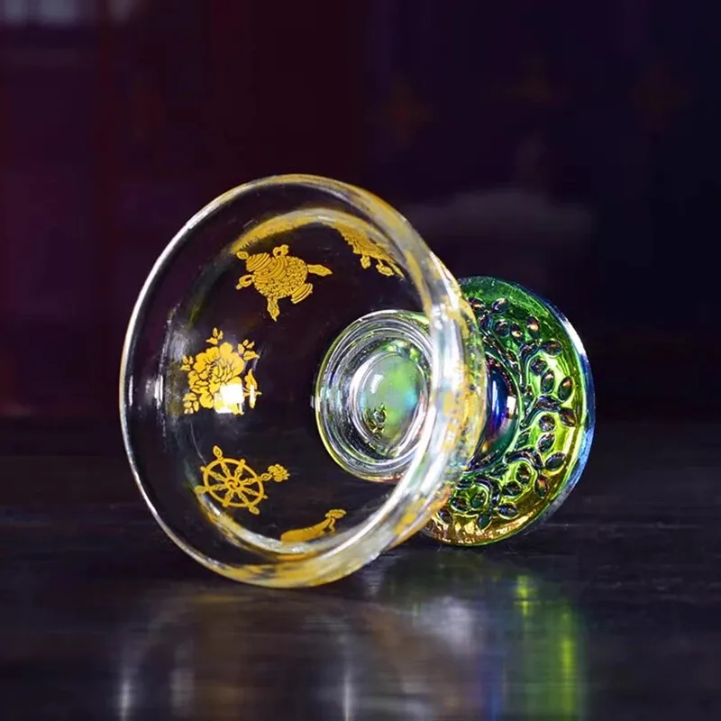 9cm Buddhist Bowl Glass Eight Auspicious Holy Water Cup Goblet Tibetan Buddhism