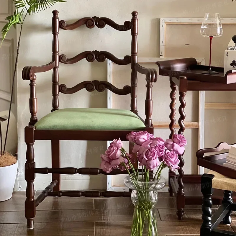 French retro solid wood dining chair carved log medieval home makeup chair armrest backrest