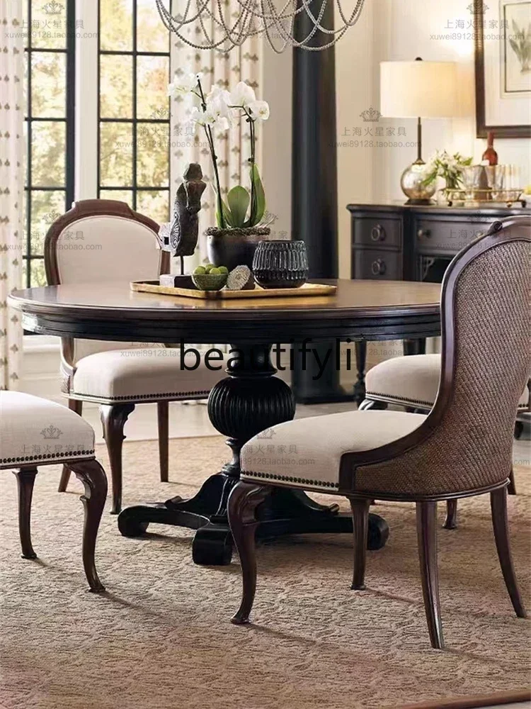 

American Retro Solid Wood Black Round Dining Table And Chair Combination French Simple Small Apartment, Dining Table