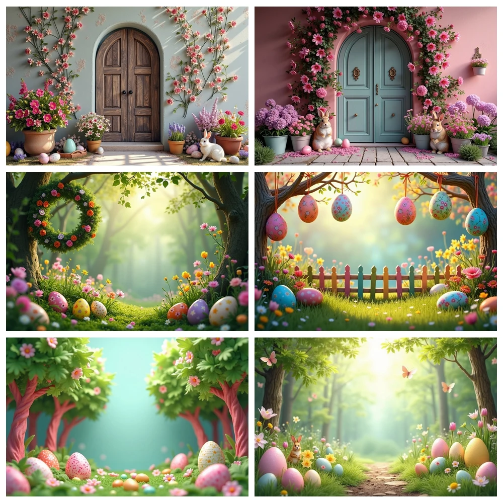 

MOON.QG 2025 Easter Bunny Rabbit Eggs Backdrop Spring Garden House Tulip Background Green Forest Rainbow Photography Decorations