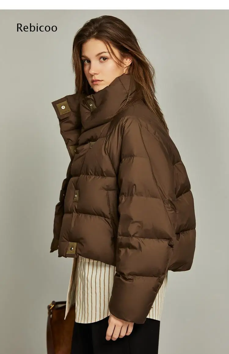 Loose Cropped Puffer Coat For Women High Stand Collar Metal Snap Button Detail Long Sleeve Casual Cold Season Outer Garment