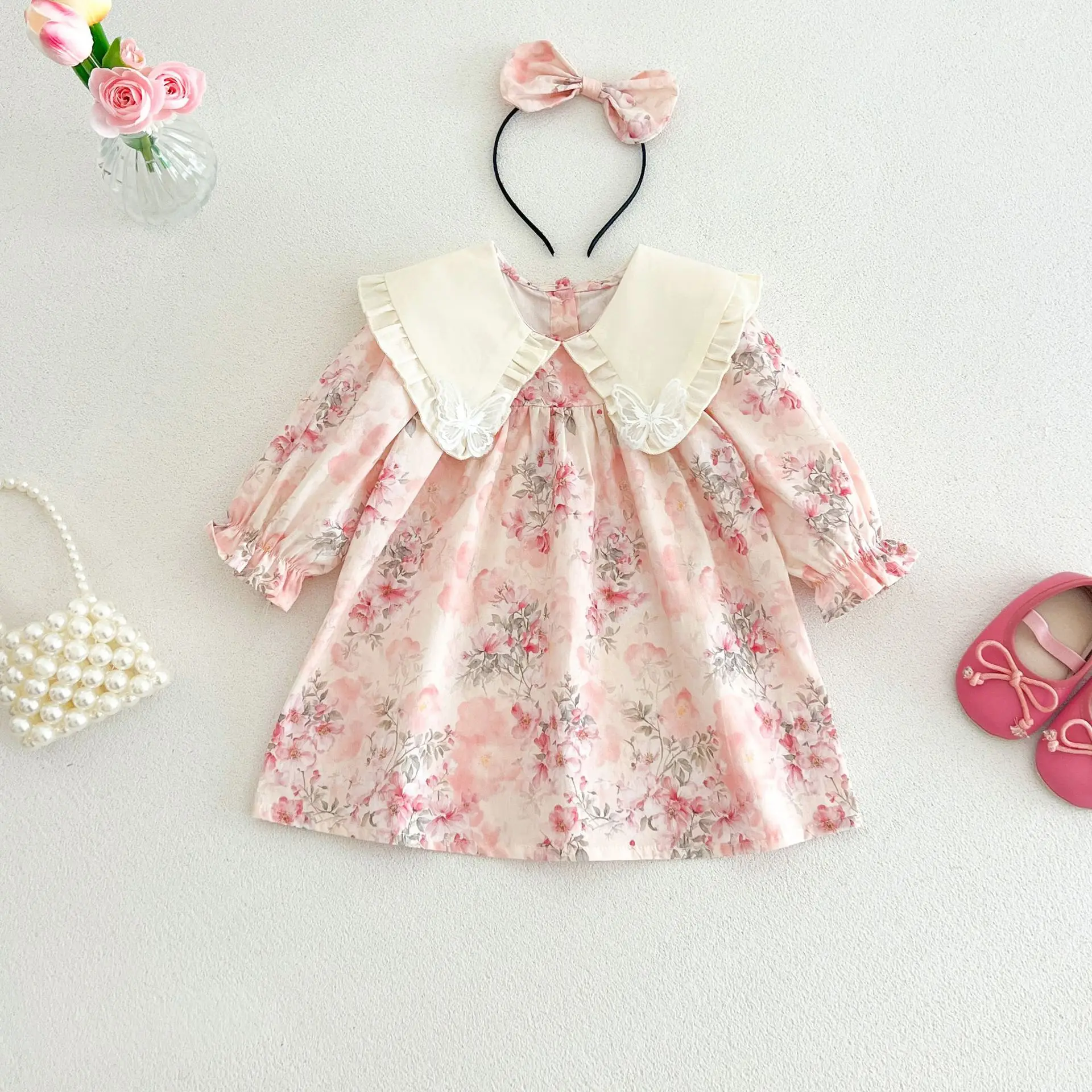 2026 New Spring Fall Baby Girls Floral Dress | Double Layer Peter Pan Collar Princess Gown | Korean Chic with Headband