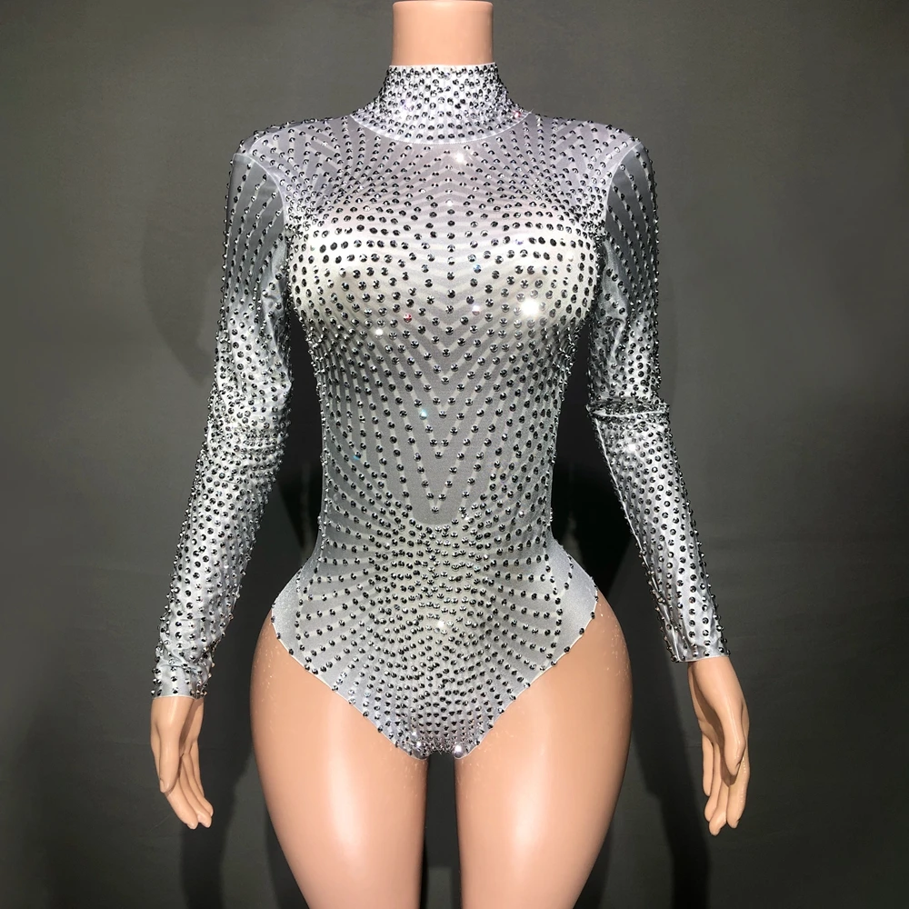 Funkelnde silberne Strass Bodysuit sexy Tanz Trikot Frauen Nachtclub Outfit Sänger Tänzer Bühne tragen Performance-Kostüm