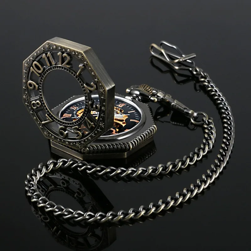 Men's Bronze Octagonal Mechanical Pocket Watch Vintage Creative Flip Hollow Mechanical Pocket Watch