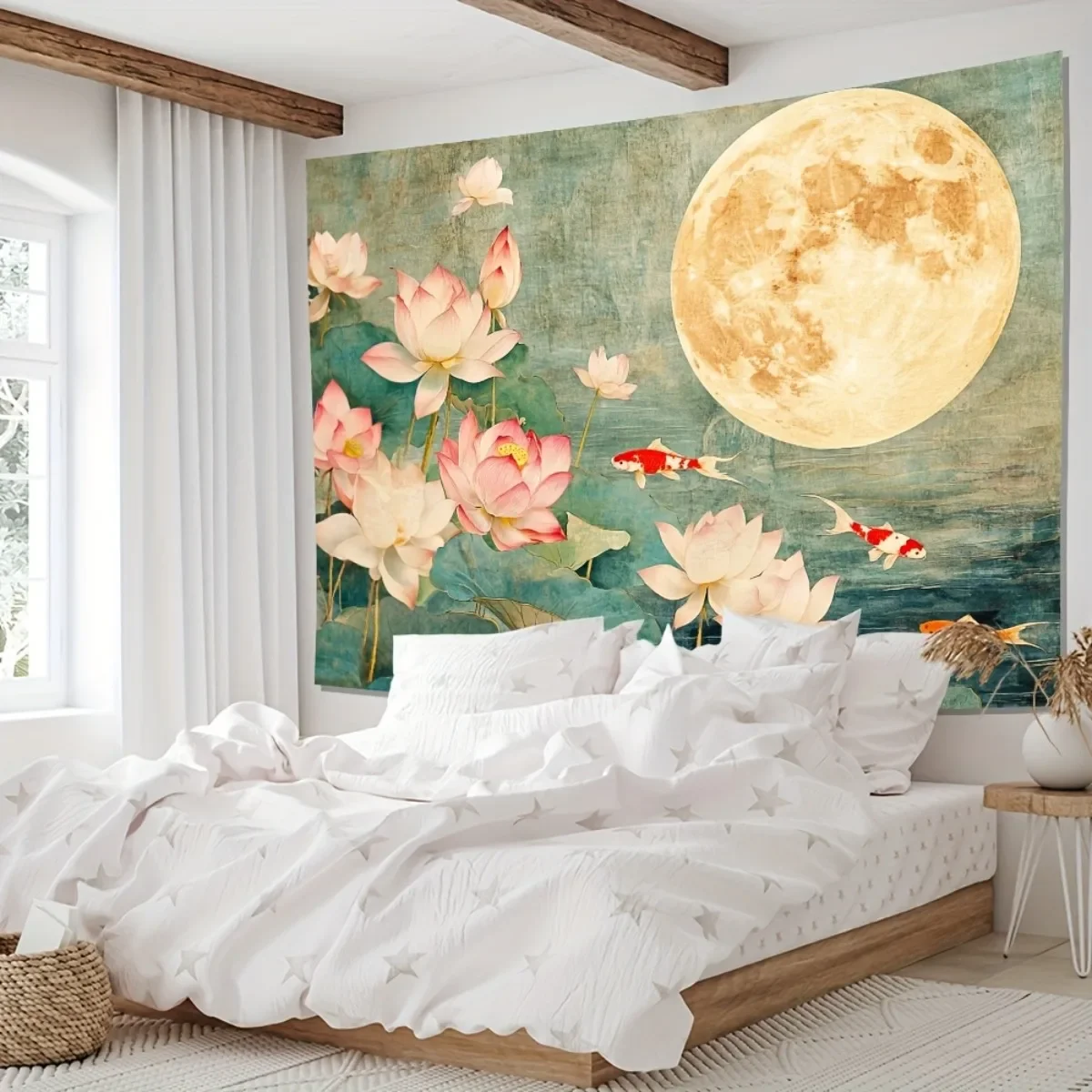 Bohemian Zen Lotus Koi Fish Moon Tapestry Wall Hanging Tropical Pond Decor Artwork for Bedroom Living Room Home Mural
