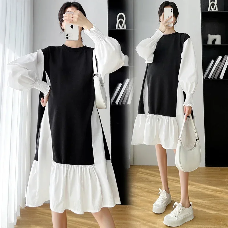 Maternity Dress for Pregnant Women Clothes Casual Patchwork Long-sleeved Loose T-shirt Photography Tops Plus Size Clothes Skirt