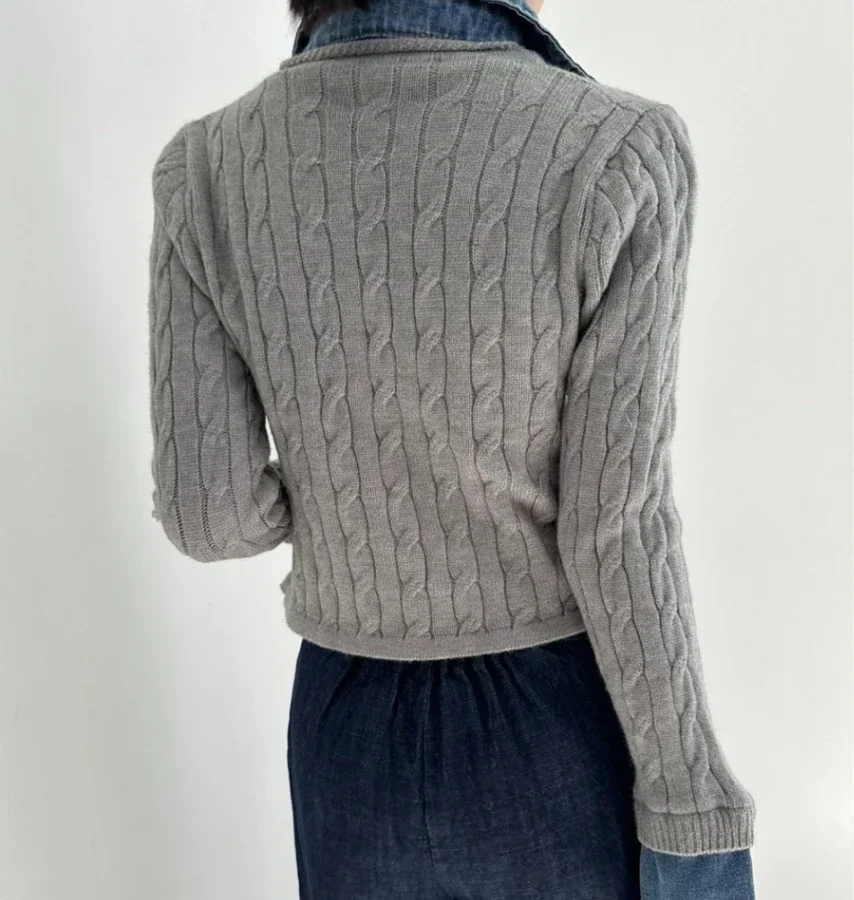 Gagaok koreanische Mode gestrickte Strickjacke Mantel Metall einreihige Nähte Jeans gefälschte zwei gebratene Teig Twists Pullover Top