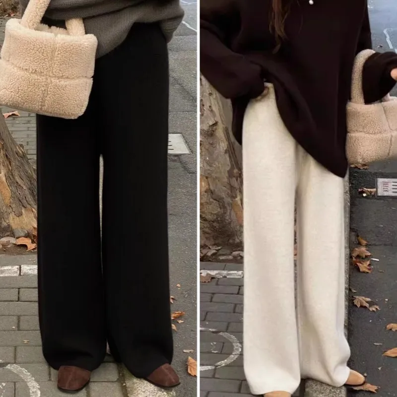 

Chic Autumn And Winter Warm Wool Knitted Pants Elegant Casual Plush Women's Straight Trousers New Stylish Soft Wide-Leg Pants