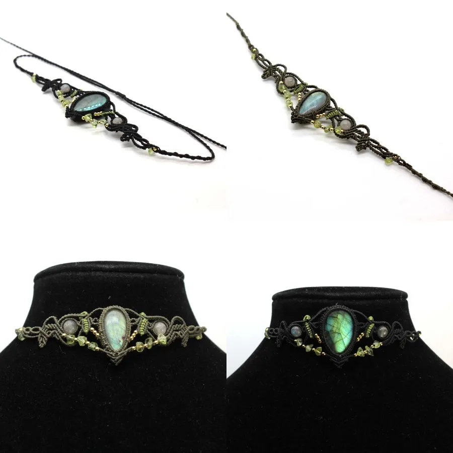 Braided Macrame Labradorite Stone Pendant Necklace for Women Natural Spectrolite Stone Handmade Rope Wrapped Weave Chain Jewelry