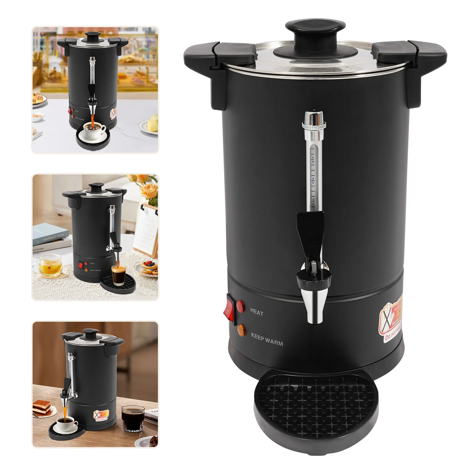 

8L Stainless Steel Coffee Urn,Black Round Tabletop Hot Water Dispenser 20.5*34.5cm for Restaurants,Offices