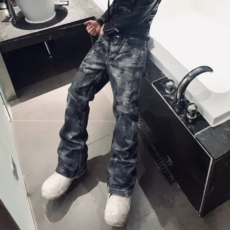 HKSH Spring Autumn New Men Tide Dark Y2K American Retro Wax-Coated Denim Pants Chic Ins Vintage Jeans Unique Distressed HK28271