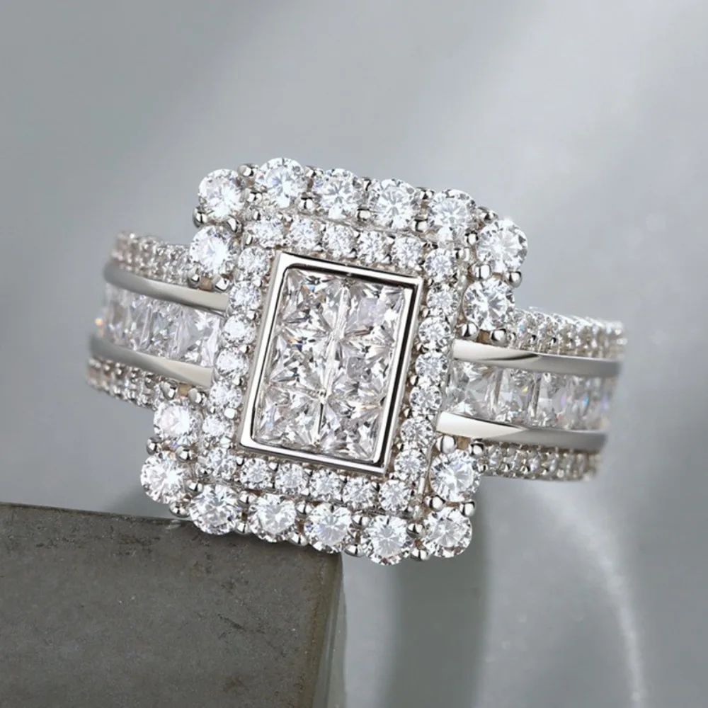 Luxury Rectangular Princess Cut 5A Zircon Double Square Halo Rings Multi Row Split Shank for Women Wedding Jewelry Accessories