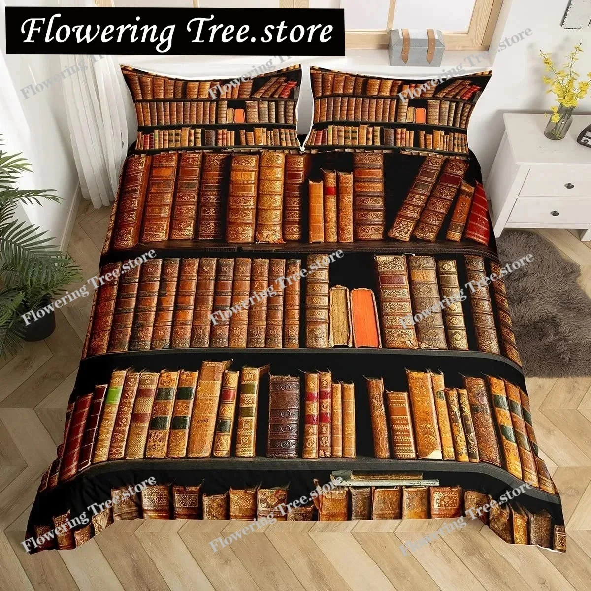 Books Lovers Gift Duvet Cover Set Full Size,Readers And Literary Lover Bedding Sets,Vintage Librarians Bookshelf Comforter Cover