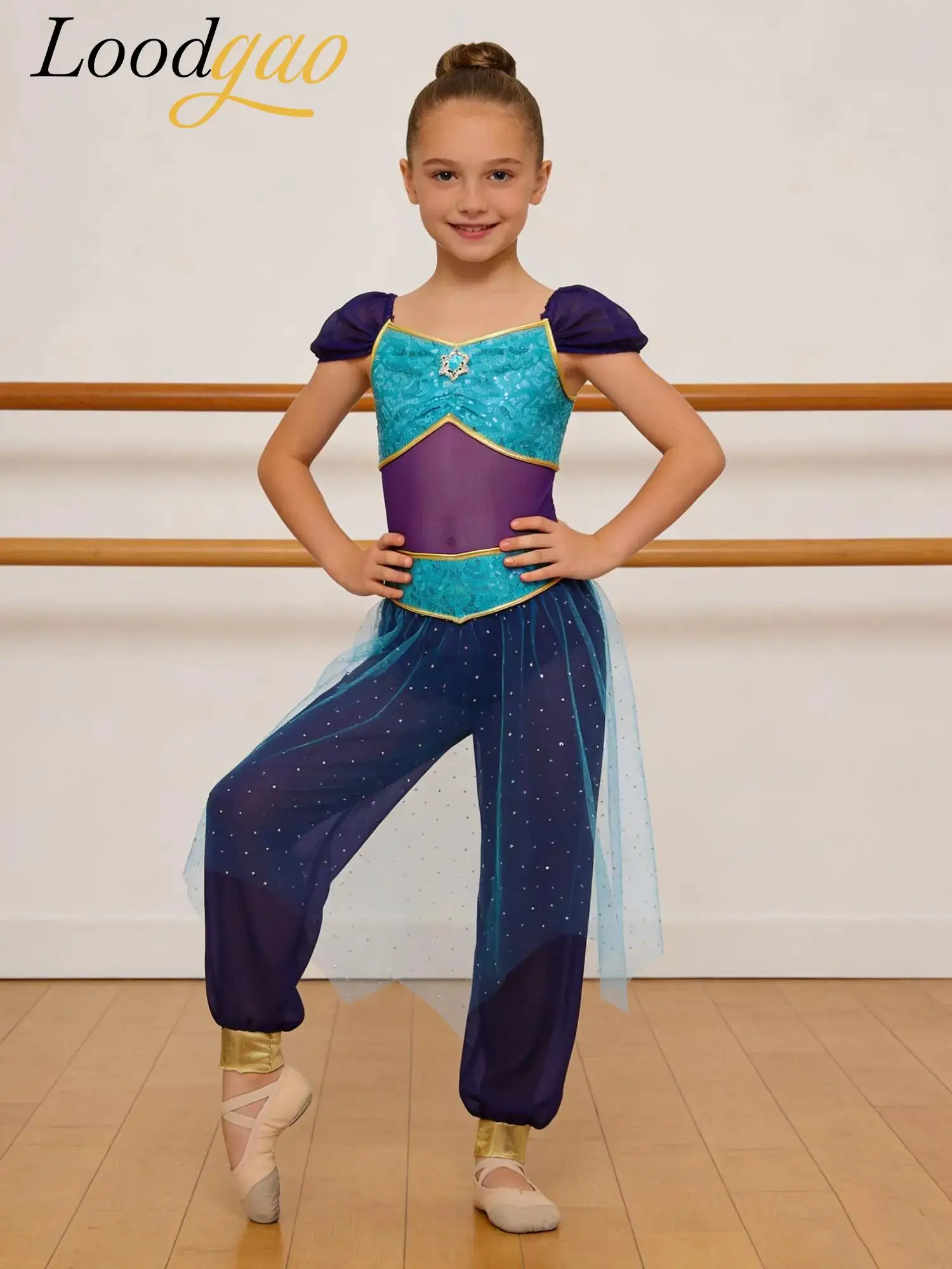 

Girls Arabian Festival Costume Roleplay Princess Outfit Sequined Bellydance Jumpsuit for Cosplay Carnival Belly Dance Rompers