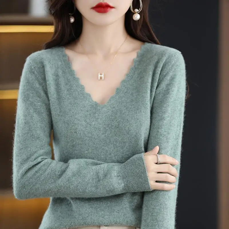 Womens Sweater Spring Autumn V-neck Long Sleeve Knit Tops Fashion Korean Jumper Warm Bottoming Shirt Basic Pullover Knitwears