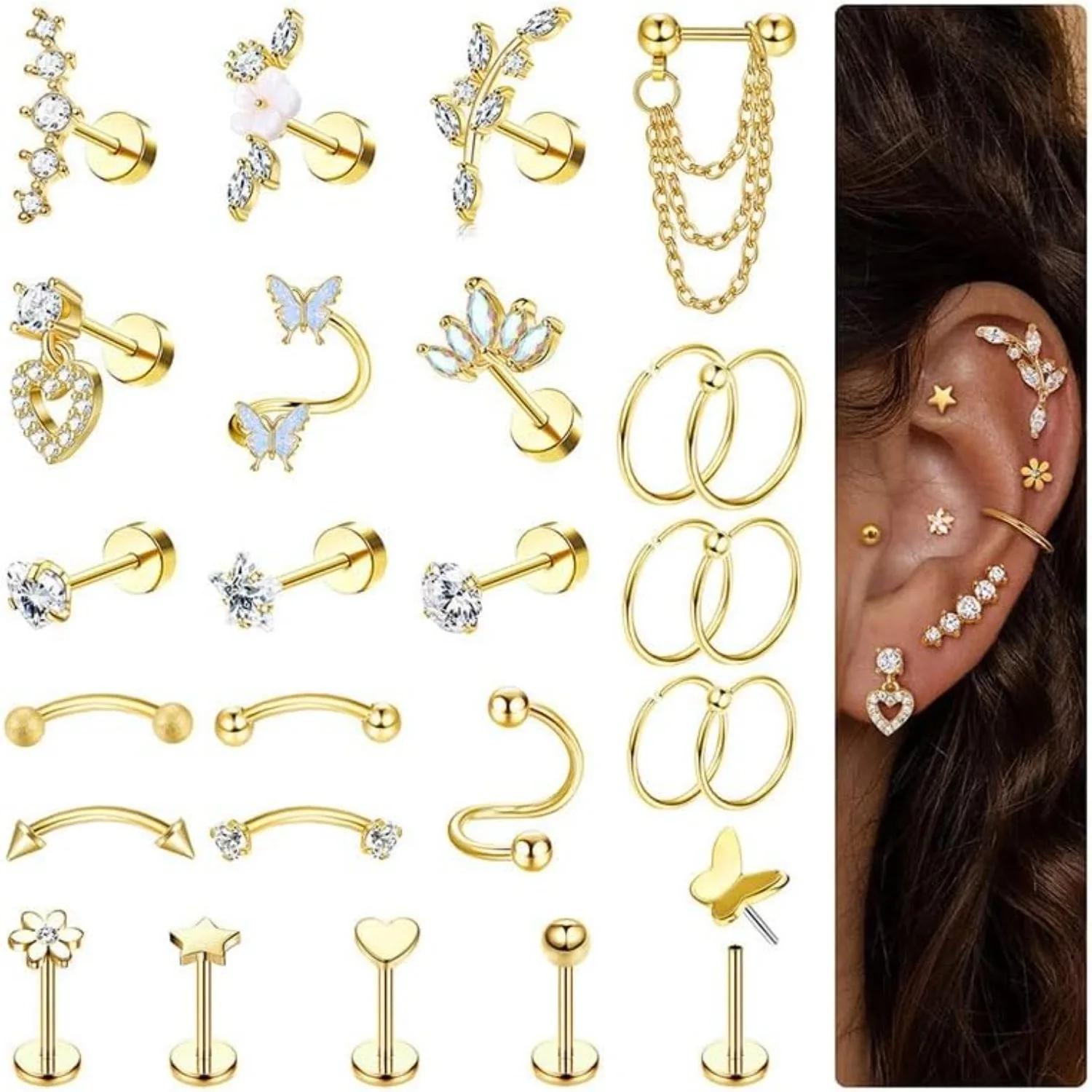 

Drperfect 26Pcs Stainless Steel Tragus Earrings Set Flat Back Earrings Stud Helix Hoop Cartilage Earring Tragus Piercing Jewelry