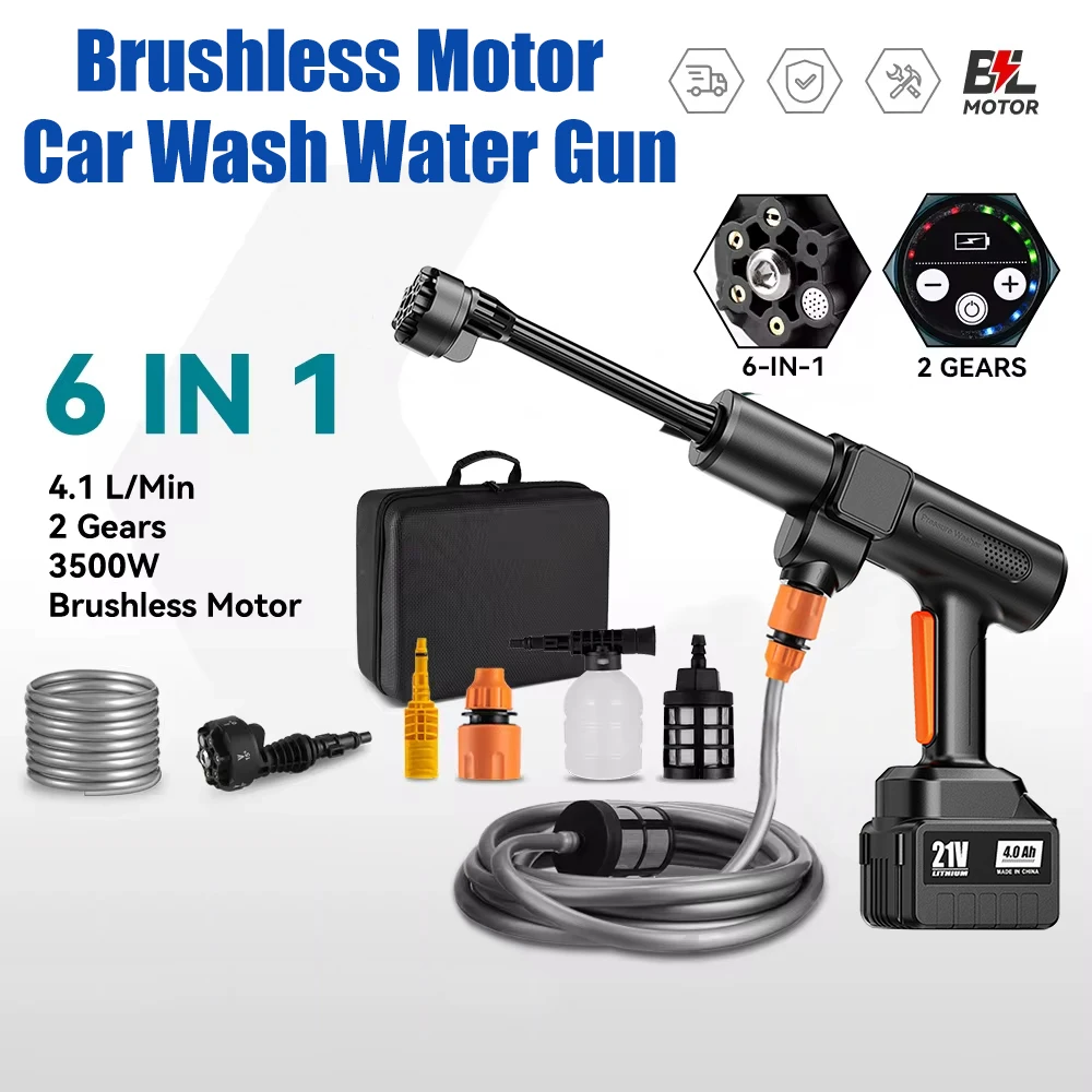 6-in-1 Cordless High Pressure Car Washing Machine Water Gun 3500W 200Bar Battery Foam Generator Household Car Washing Machine