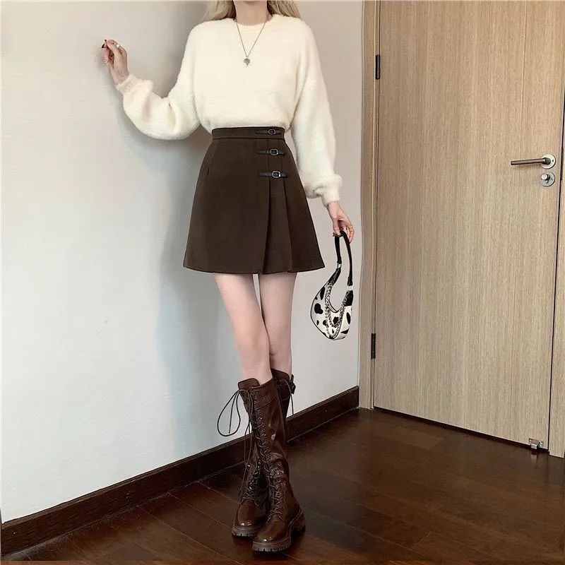 Lucyever Korean High Waist Pleated Skirts Women 2024 Autumn Winter All-Match A Line Skirt Ladies Vintage Streetwear Mini Skirts