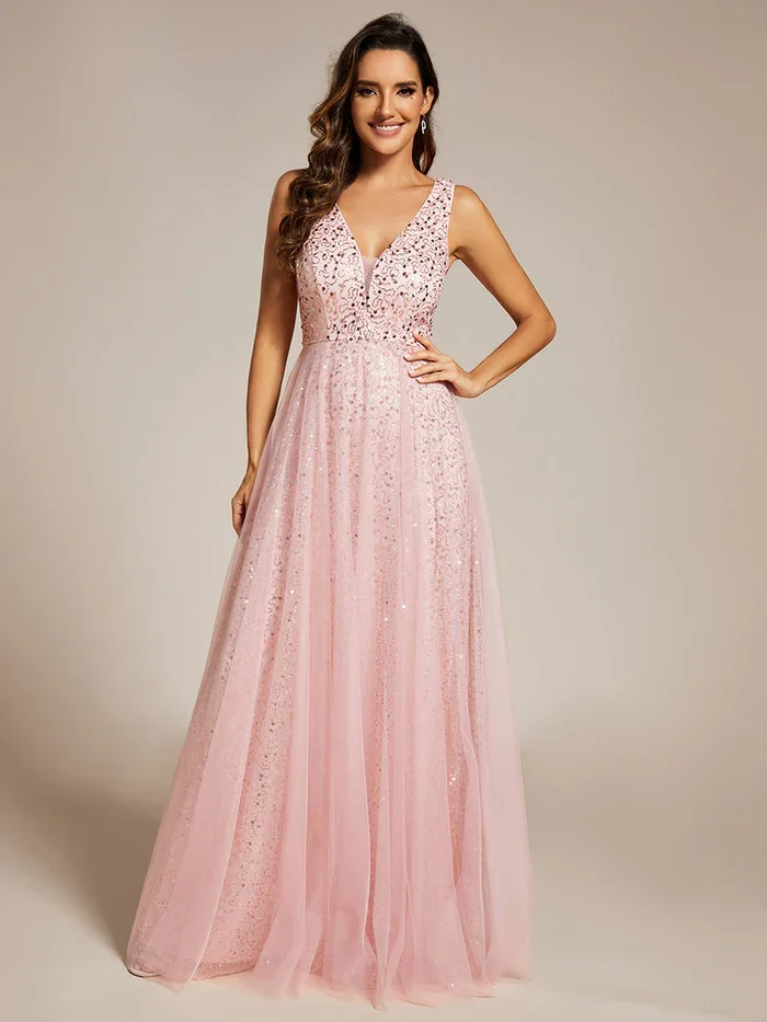 

Ever-Pretty Ladies Elegance V-Neck A-Line Backless Sleeveless High-Waist See-Through Sequin Tulle Evening Dress