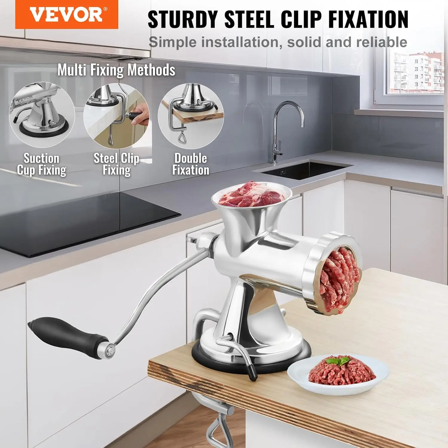 Manual Meat Grinder, 304 Stainless Steel Hand Meat Grinder with Suction Cup + Steel Table ,Grinding Head for Beef Pepper Cookie