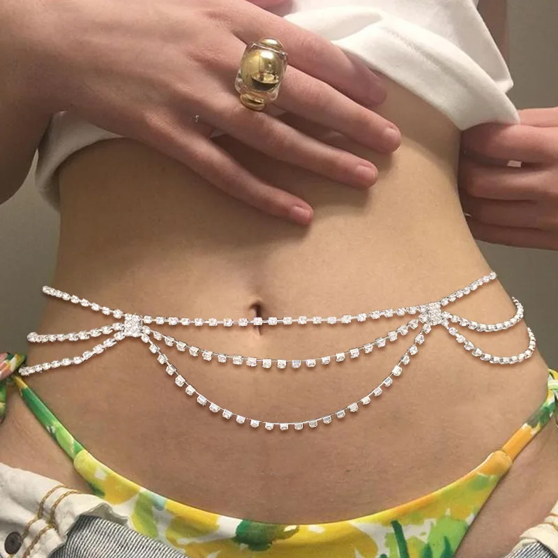 

Rhinestone Body Chains Boho Layered Beach Waist Rhinestone Chain Adjustable Bikini Belly Chain for Women and Girls