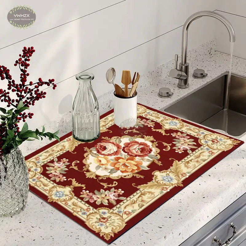 Kitchen Vintage Pattern Dish Drying Mat Persian Retro Super Absorbent Drain Pad Rubber Quick Drying Anti-Bacteria Tableware Mats